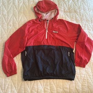 Columbia Half Zip Hooded Pullover Jacket. Red and Navy